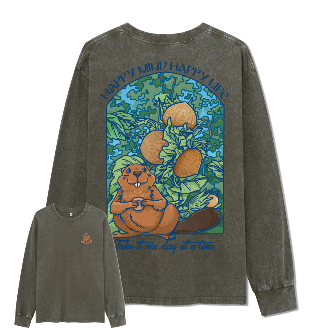 Happy Mind Happy Life Washed Long Sleeve Top