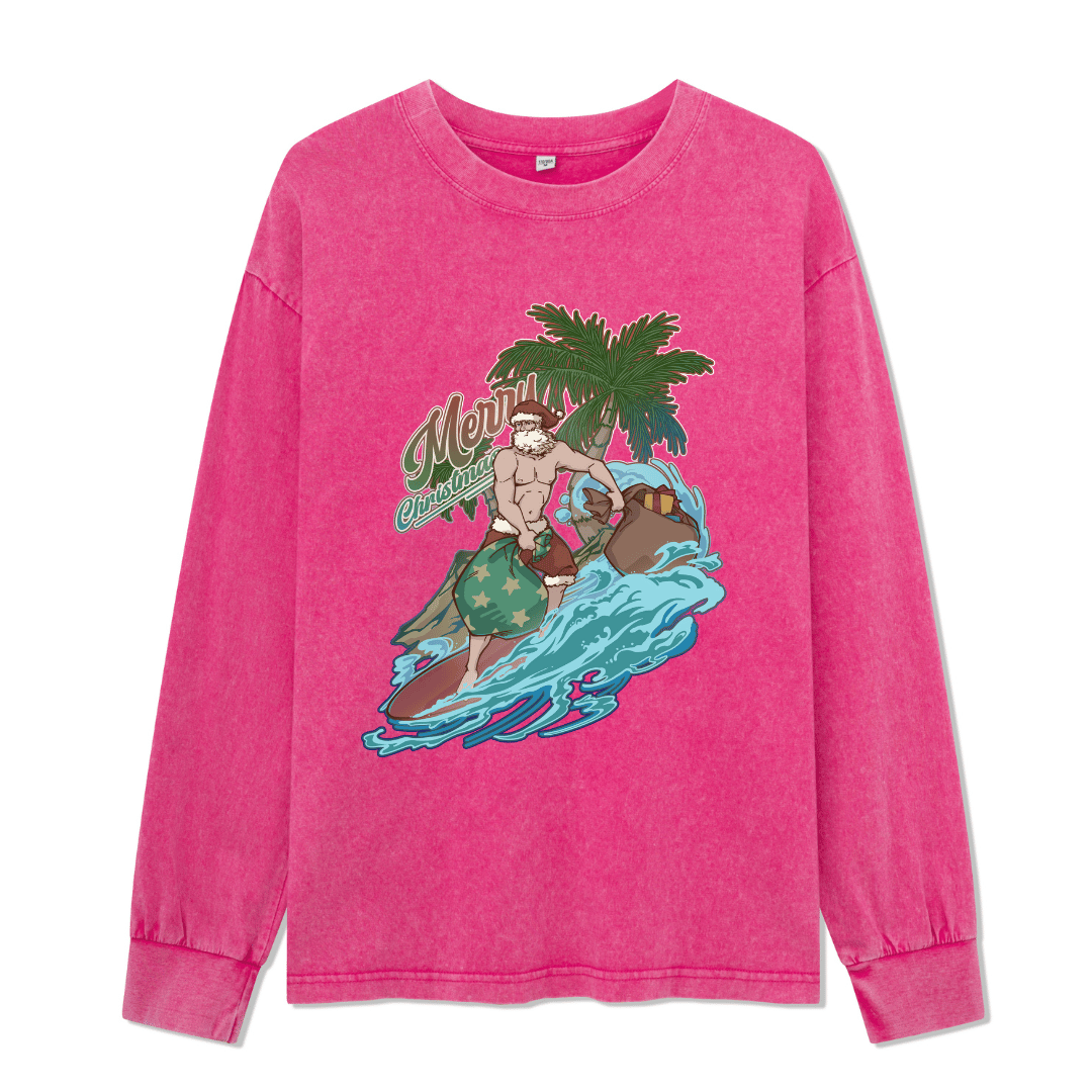 Santa Claus Surfing Washed Long Sleeve Top
