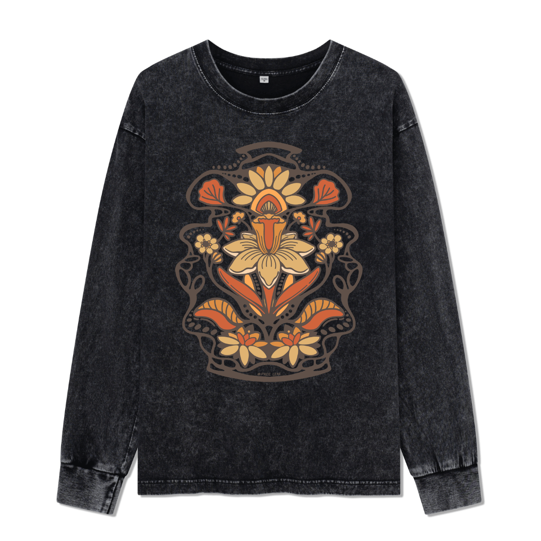 Spring Flower Front-printed Washed Long Sleeve Top