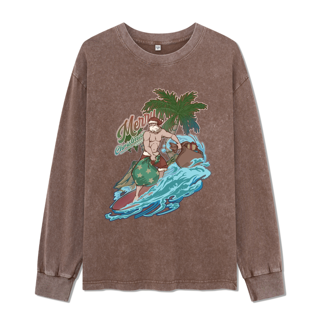 Santa Claus Surfing Washed Long Sleeve Top