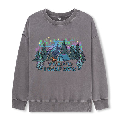 Freeleaf I Camping Now In The Land of Aurora Front-printed Washed Sweatshirt