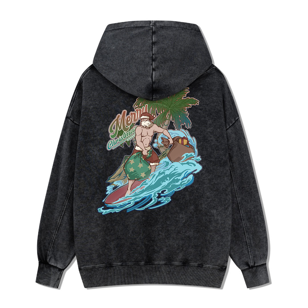 Santa Claus Surfing Back-printed Washed Hoodie