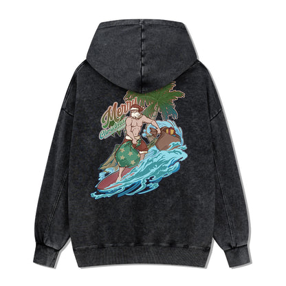 Santa Claus Surfing Back-printed Washed Hoodie