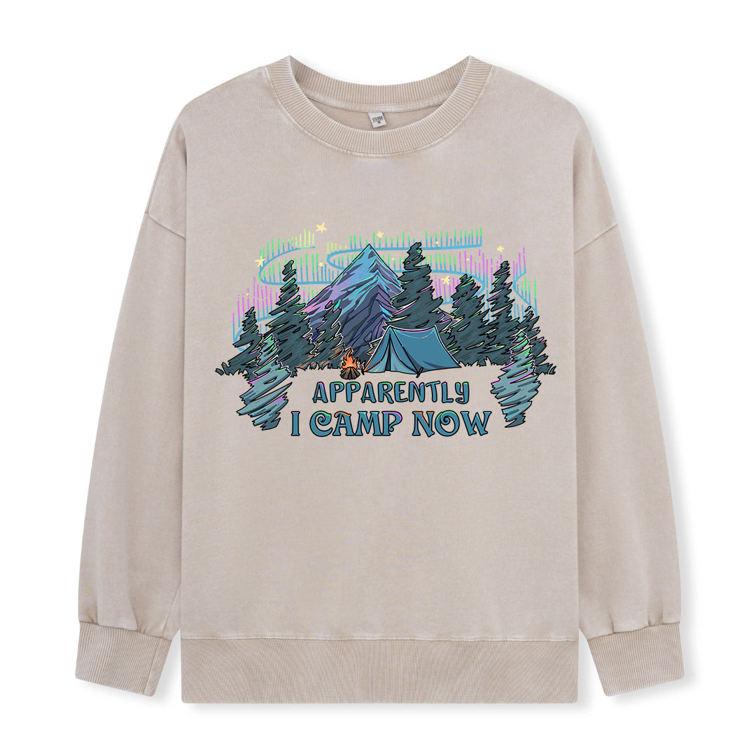 Freeleaf I Camping Now In The Land of Aurora Front-printed Washed Sweatshirt