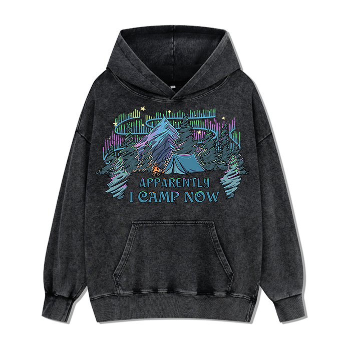 Freeleaf I Camping Now In The Land of Aurora Front-printed Washed Hoodie