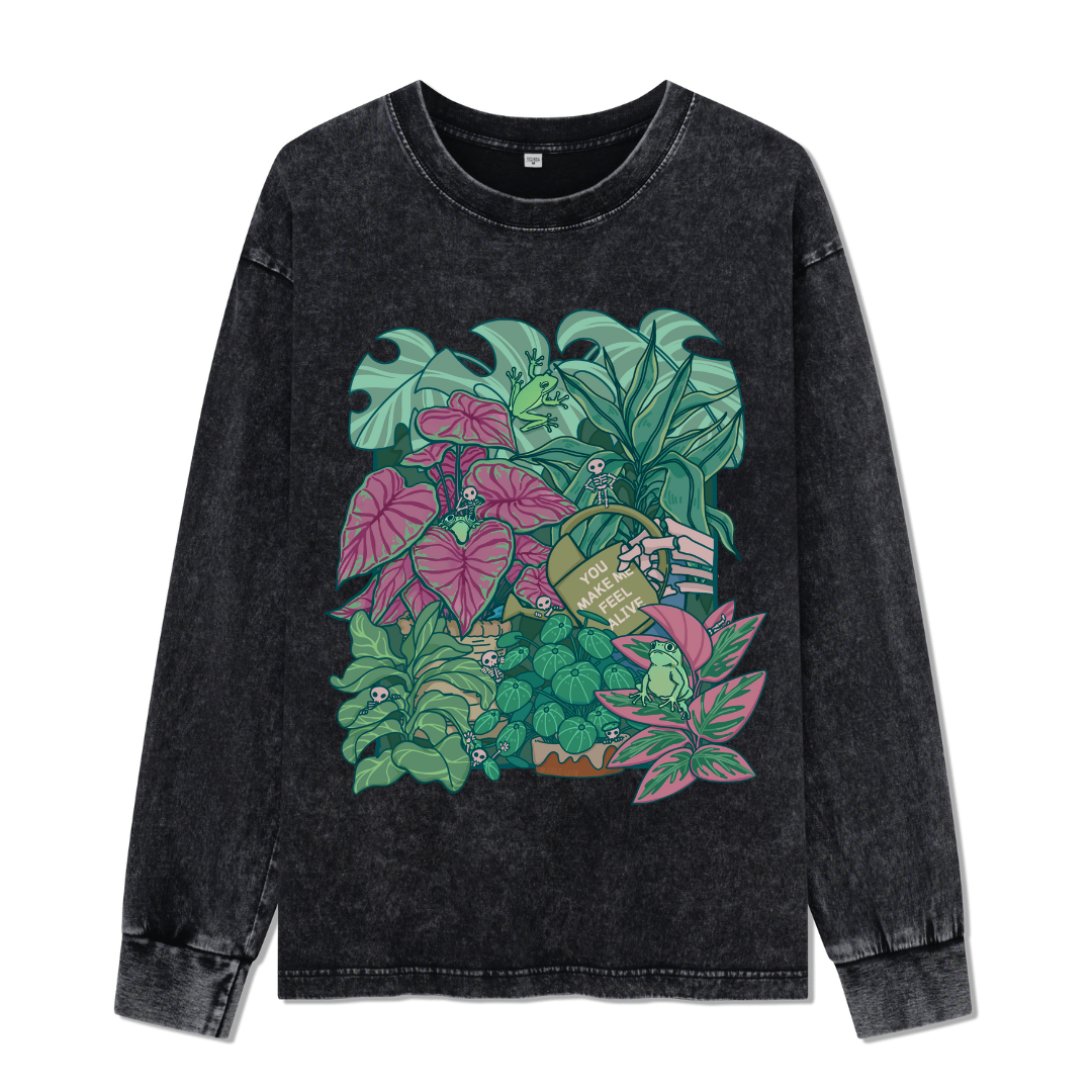 You Make Me Feel Alive Front-printed Washed Long Sleeve Top
