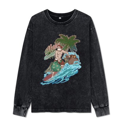 Santa Claus Surfing Washed Long Sleeve Top