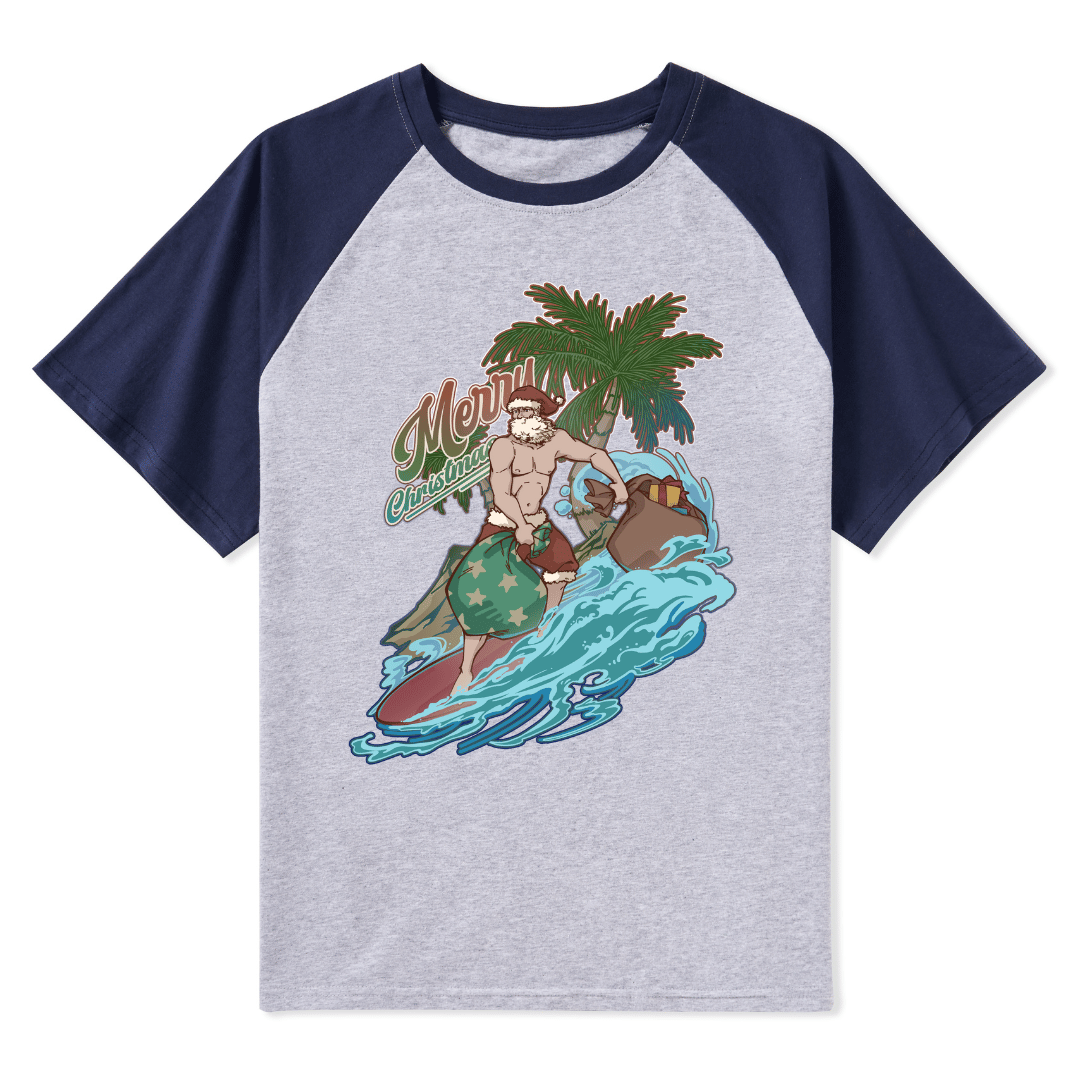 Santa Claus Surfing Front-printed Raglan Short Sleeve Top
