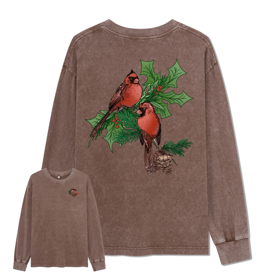 Christmas Cardinal Washed Long Sleeve Top