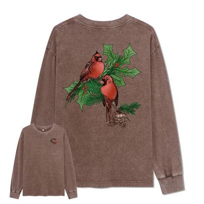 Christmas Cardinal Washed Long Sleeve Top