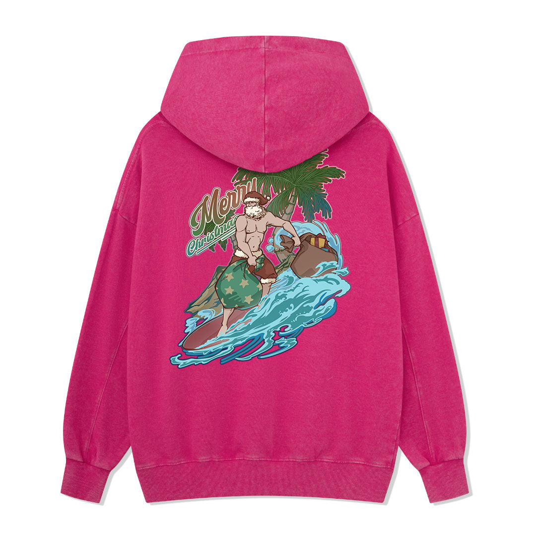 Santa Claus Surfing Back-printed Washed Hoodie