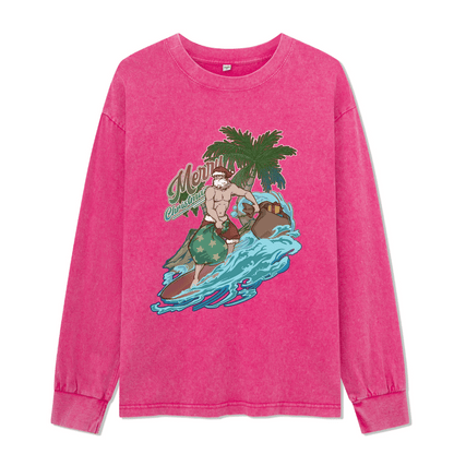 Santa Claus Surfing Washed Long Sleeve Top