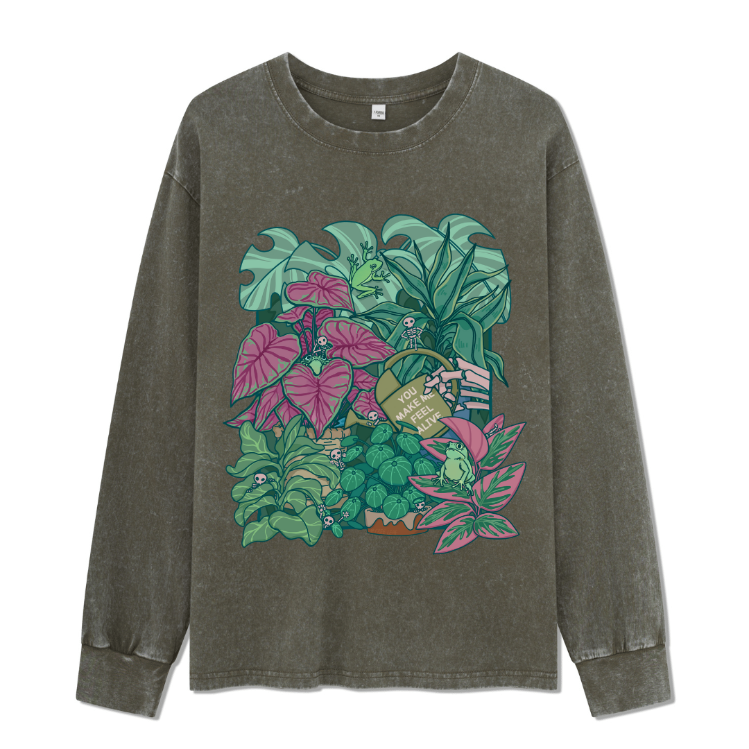 You Make Me Feel Alive Front-printed Washed Long Sleeve Top