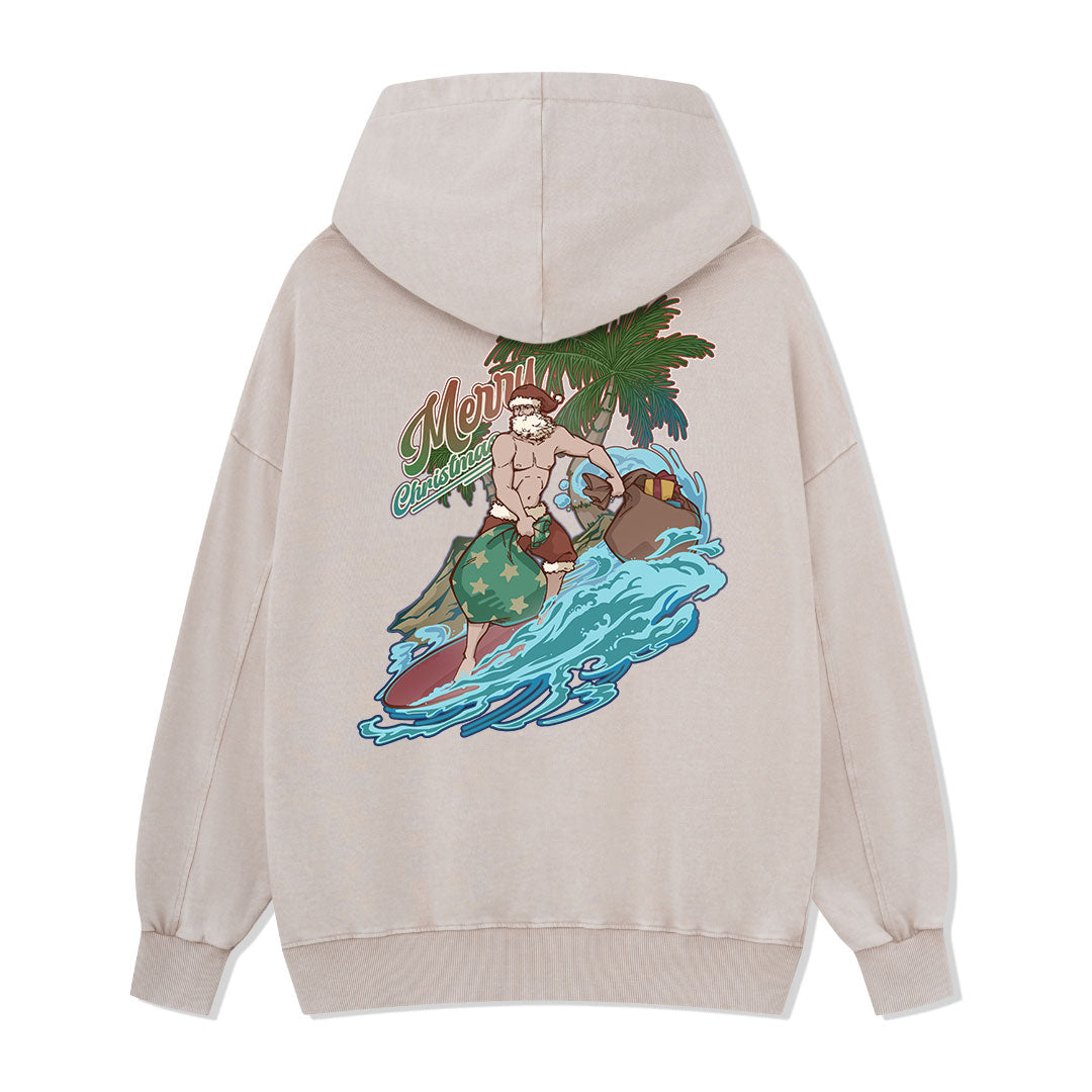 Santa Claus Surfing Back-printed Washed Hoodie