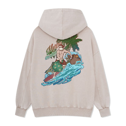 Santa Claus Surfing Back-printed Washed Hoodie