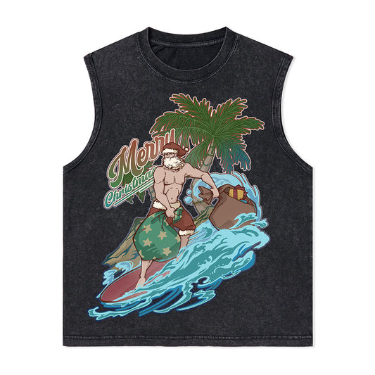 Freeleaf Santa Claus Surfing Nature Inspired Unisex Washed Tank Tops