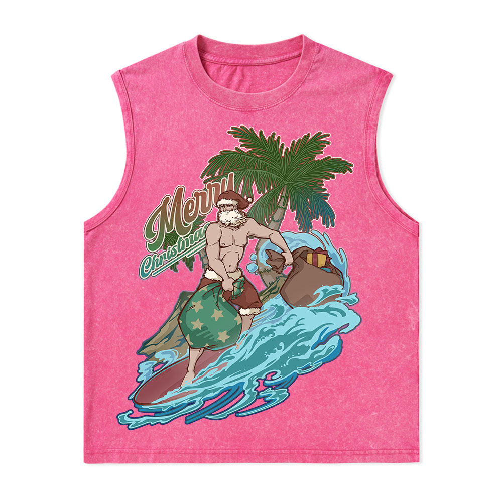 Freeleaf Santa Claus Surfing Nature Inspired Unisex Washed Tank Tops