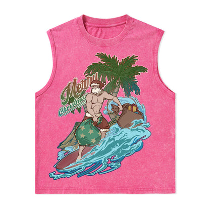 Freeleaf Santa Claus Surfing Nature Inspired Unisex Washed Tank Tops
