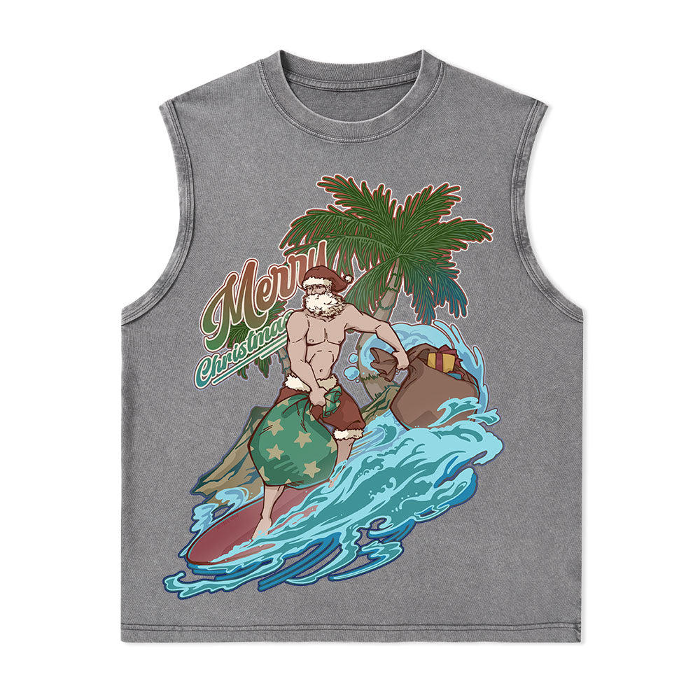 Freeleaf Santa Claus Surfing Nature Inspired Unisex Washed Tank Tops