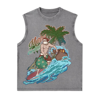 Freeleaf Santa Claus Surfing Nature Inspired Unisex Washed Tank Tops
