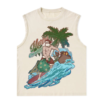 Freeleaf Santa Claus Surfing Nature Inspired Unisex Washed Tank Tops