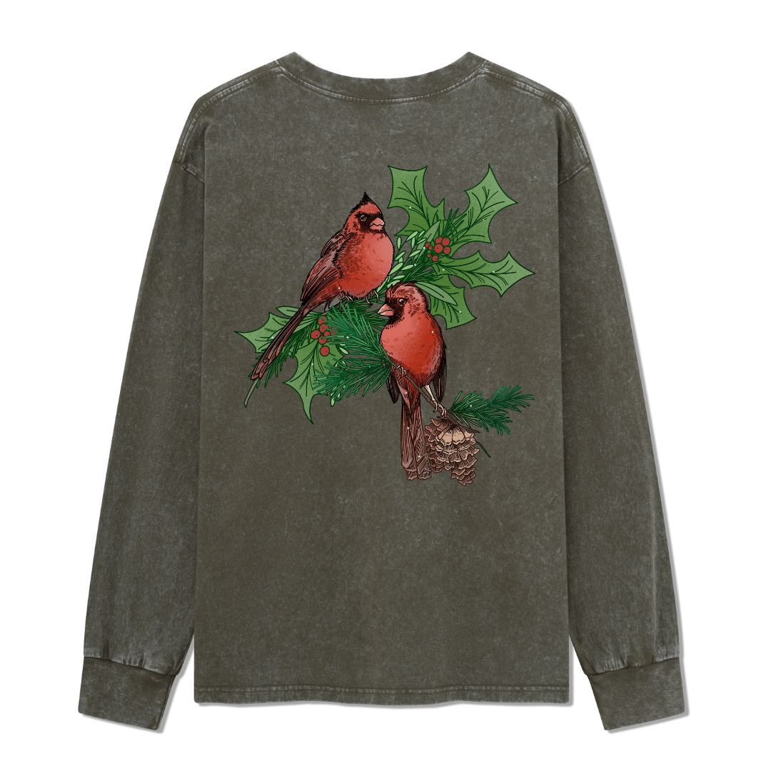 Christmas Cardinal Washed Long Sleeve Top