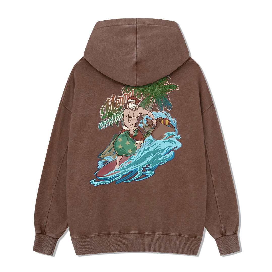 Santa Claus Surfing Back-printed Washed Hoodie