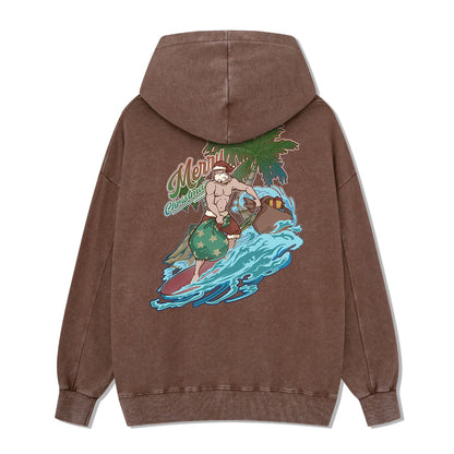 Santa Claus Surfing Back-printed Washed Hoodie