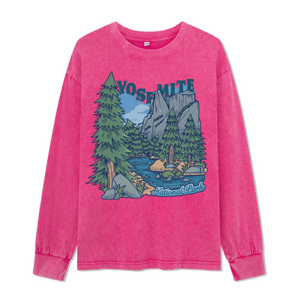 Yosemite National Park Front-printed Washed Long Sleeve Top