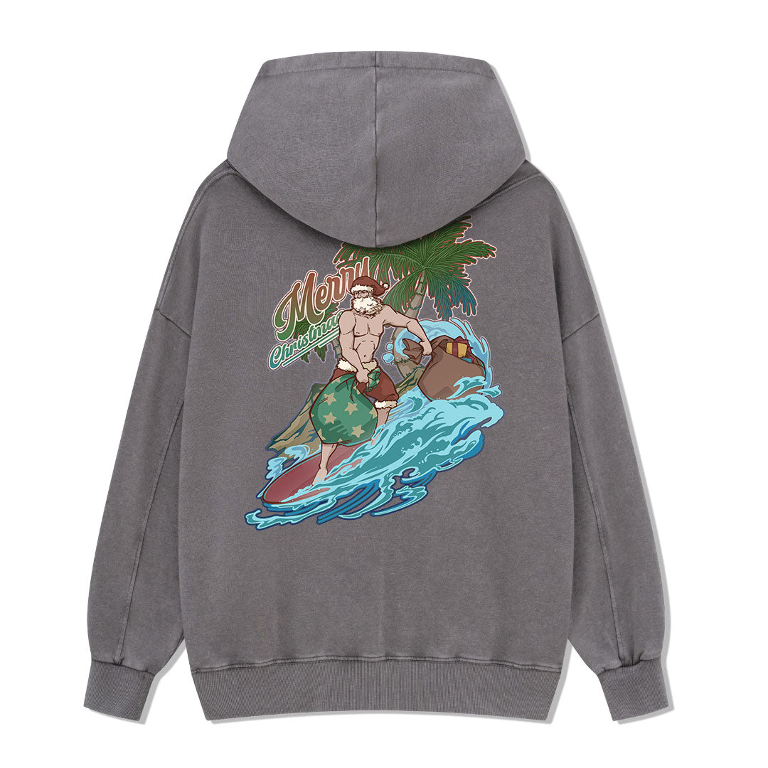 Santa Claus Surfing Back-printed Washed Hoodie