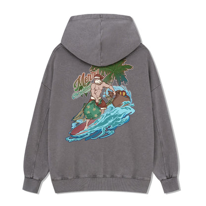 Santa Claus Surfing Back-printed Washed Hoodie