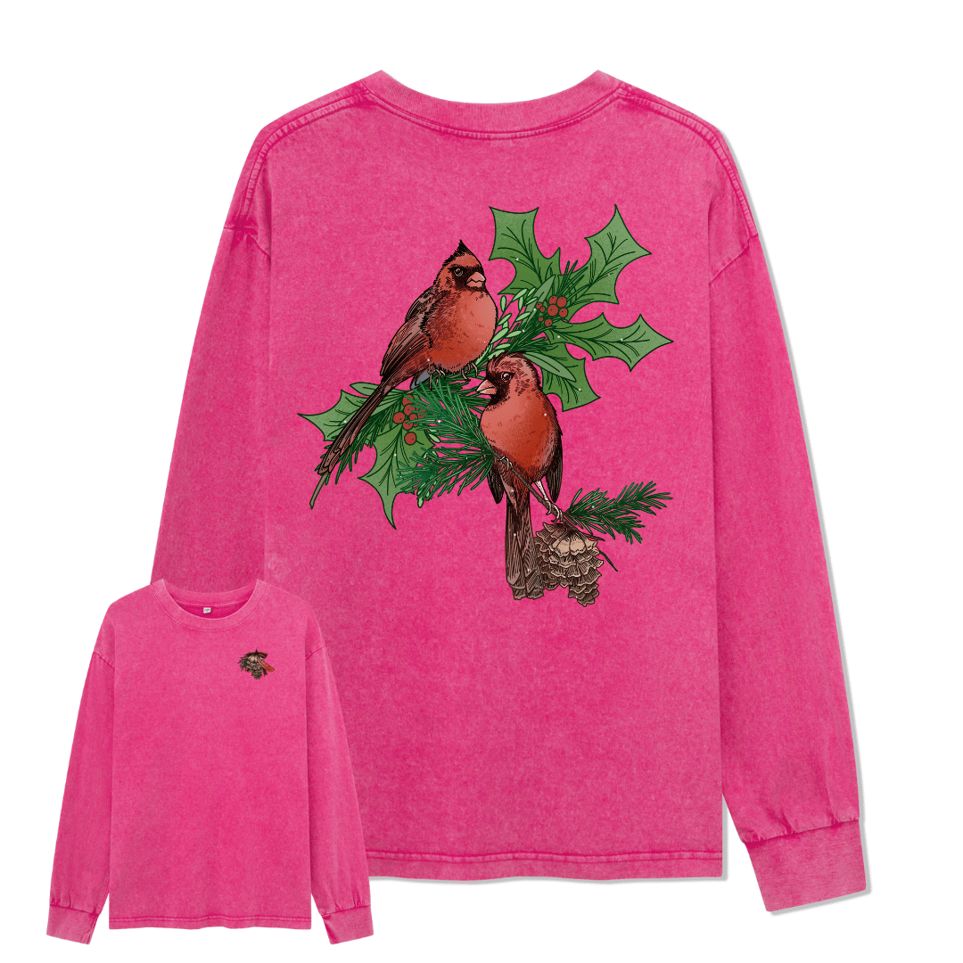 Christmas Cardinal Washed Long Sleeve Top