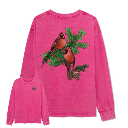 Christmas Cardinal Washed Long Sleeve Top